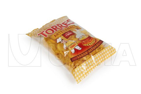 Knabberartikel verpackt mit einer vertikalen Verpackungsmaschine (VFFS) unter modifizierter Schutzatmosphäre (MAP) biaxial gereckte Polypropylenfolie oder Mehrschichtverbundfolie.