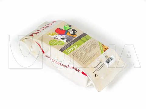 Vogelfutter verpackt mit einer Vertikalmaschine (VFFS) in Standbodenbeutel mit Querversiegelung.