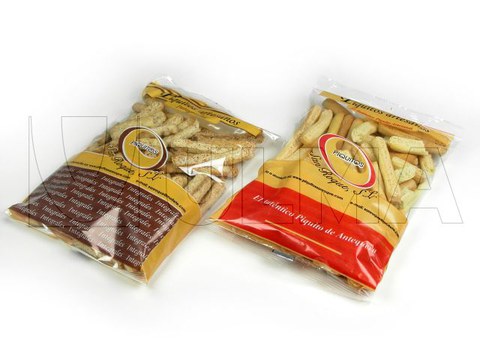 Brotsticks verpackt mit einer Vertikalmaschine (vffs) in Kissenpackungen