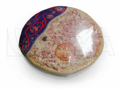 Frische Pizza verpackt in geschrumpfter Schlauchbeutelverpackung (hffs) unter Schutzatmosphäre (MAP)