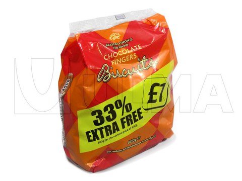 Schokoladenkekse verpackt in Standbodenbeuteln aus BOPP Folie.