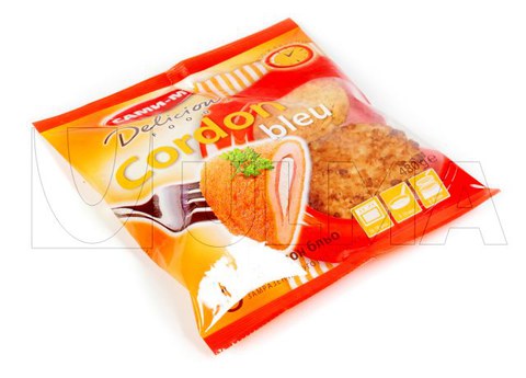 Gefrorene Hähnchenfilets und Hamburger verpackt mit einer Vertikalmaschine (vffs) in Mehrschichtverbundfolie.