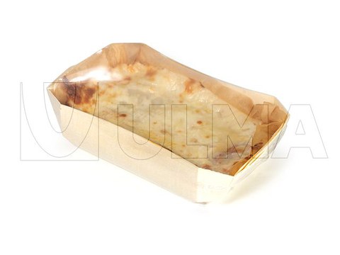 Lasagne in Holzschalen-Verpackung im Flowpack (hffs) mit Barriereschrumpffolie