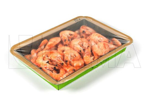 Garnelen und Shrimps in versiegelter Schale mit Kartonschale verpackt