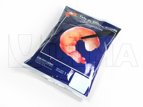 Gefrorene Shrimps verpackt in Kissenpackungen mit einer Vertikalmaschine (VFFS).