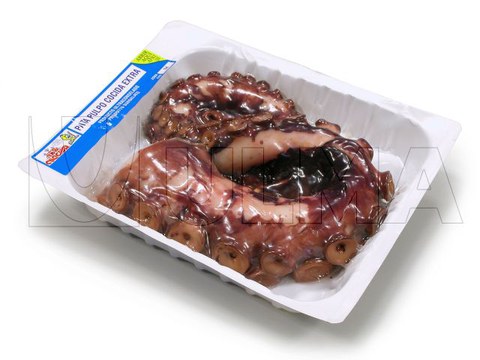 Gefrorener Oktopus in Skin-Verpackung mit einer Tiefziehanlage