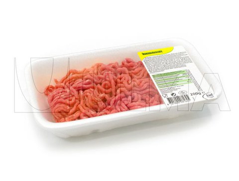 Hackfleisch verpackt in Polystyrolschalen mit PVC Folie.