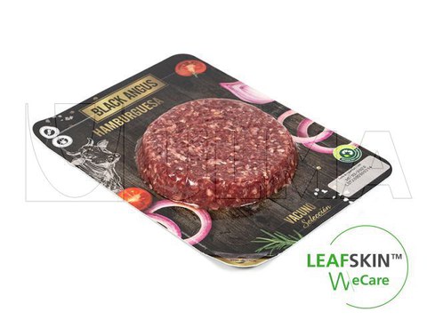 Hamburger-Patty in versiegelter LeafSkin(TM)-Schale, nachhaltige Lösung