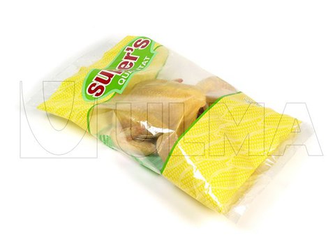 Verpackung ganzer Hähnchen im Schlauchbeutel (hffs) mit BOPP-Folie.