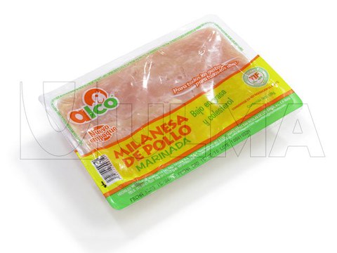 Paniertes Hühnerfleisch in Vakuumverpackung mit Tiefziehverfahren in flexibler Folie