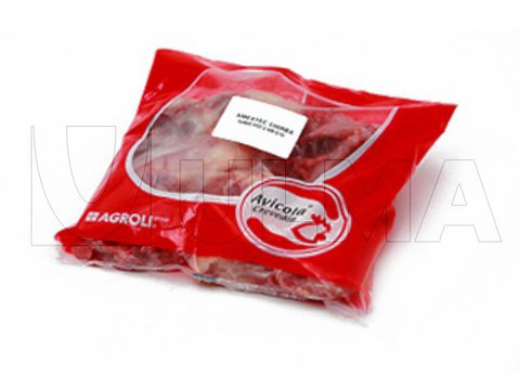 Frische Hähnchenteile verpackt mit einer Vertikalmaschine (VFFS) in Mehrschichtverbundfolie unter modifizierter Schutzatmosphäre (MAP).