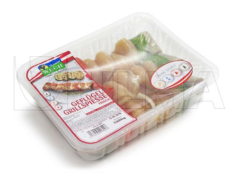 Hähnchenspieße mit modifizierter Atmosphäre (MAP) in versiegelter Schale verpackt