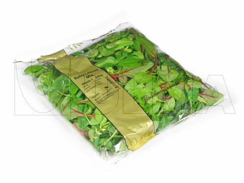 Spinat- und Rucolablätter verpackt mit einer Vertikalmaschine (VFFS) unter modifizierter Schutzatmosphäre (MAP) in BOPP Folie